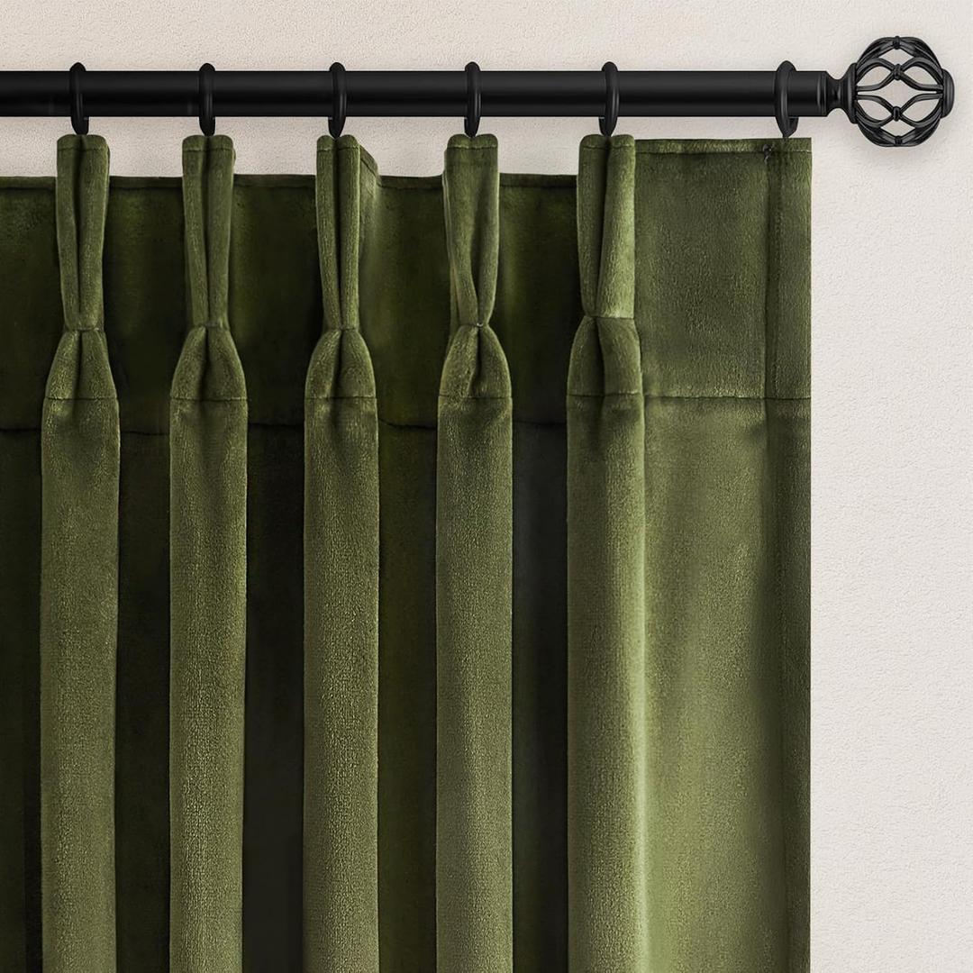 90 Inch Long Pinch Pleated Velvet Blackout Curtains for Living Room Bedroom Olive Green Vintage Heavy Room Darkening Thermal Soundproof Drapes with Back Tab and Hooks,2 Panels Set,40 x 90 Inches