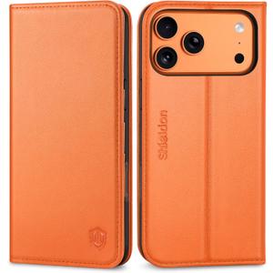 SHIELDON Real Leather Wallet Case for iPhone 17 Pro Max 6.9" 5G 2025 | Kickstand, RFID Blocking Credit Card Holder, Magnetic Closure, Folio, Shockproof Protective Phone Cover - Orange