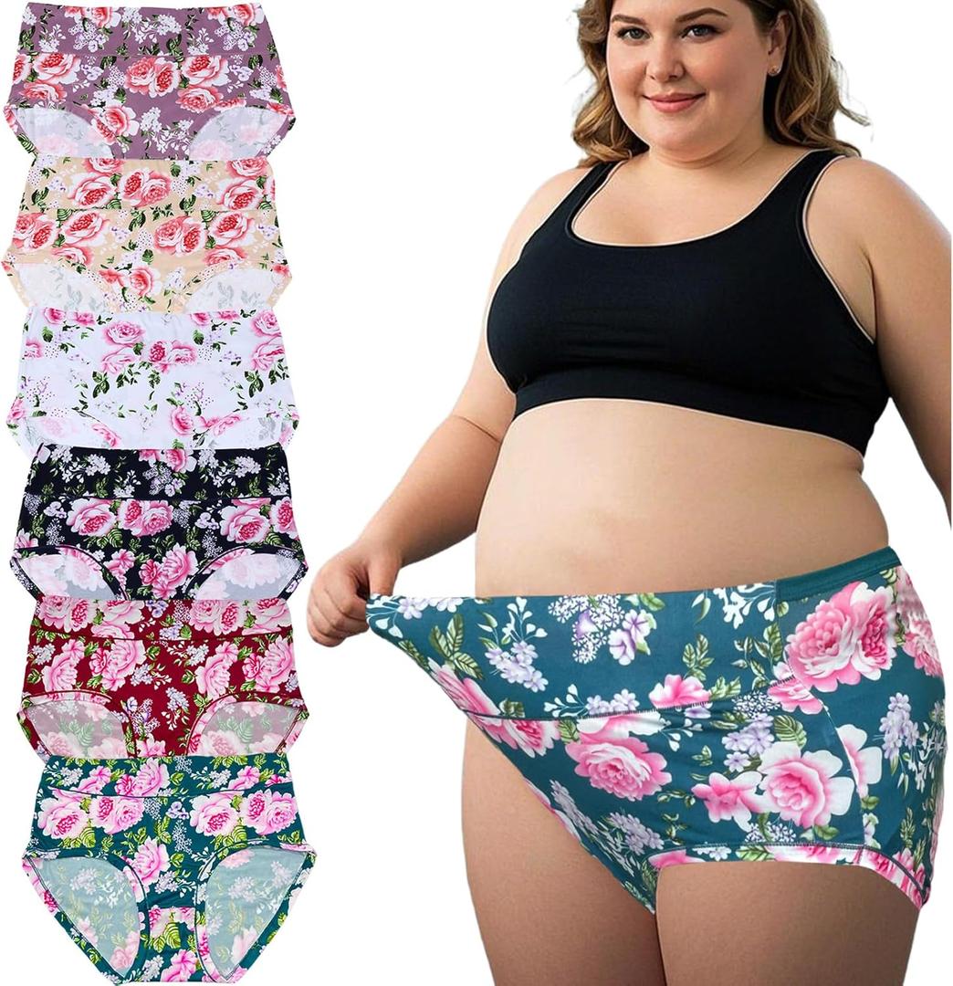 Women's Underwear Plus Size XL-6XL Panties Briefs High Waist Rose Floral Print 6 Pack Undies (4X-Large)