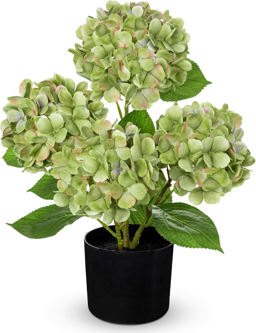 Hollyone Green Hydrangea Artificial Flowers in Pots 19.7" Four-Head Faux Silk Hydranges Flower Arrangements for Indoor Home Office Kitchen Table Centerpieces Wedding Decorations