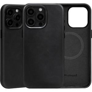 Unique Patina Leather Case for iPhone 15 Pro Black, Oil Wax Leather, Compatible with MagSafe, Slim Fit, Vintage Aesthetic, Metal Buttons and Camera Bezel for Men Women