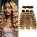 Honey Blonde Bundles Human Hiar 24 26 28 inch Ombre Deep Wave Hair Weave for Black Women Brazilian Virgin Hair 12A Quick Weave 3 Bundles Double WeftBlack Ombre Honey Blonde#T1B/27)