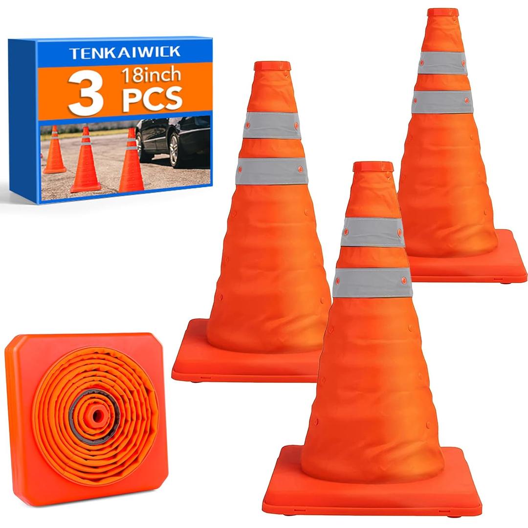 TENKAIWICK 18 Inch 3 Pack Traffic Cones, Collapsible Safety Cones, Multi Purpose Pop-up Cones with Reflective Collar, Orange Cones for Parking lot, Driveway, Driving Training etc
