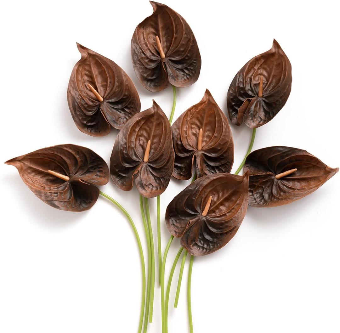 Ling's moment Anthurium Artificial Flowers, 8pcs Faux Anthurium Stems, PU Foam Greenery Plant for DIY Wedding Bouquets Centerpieces Arrangements Bridal Shower Party Home Decorations, Brown