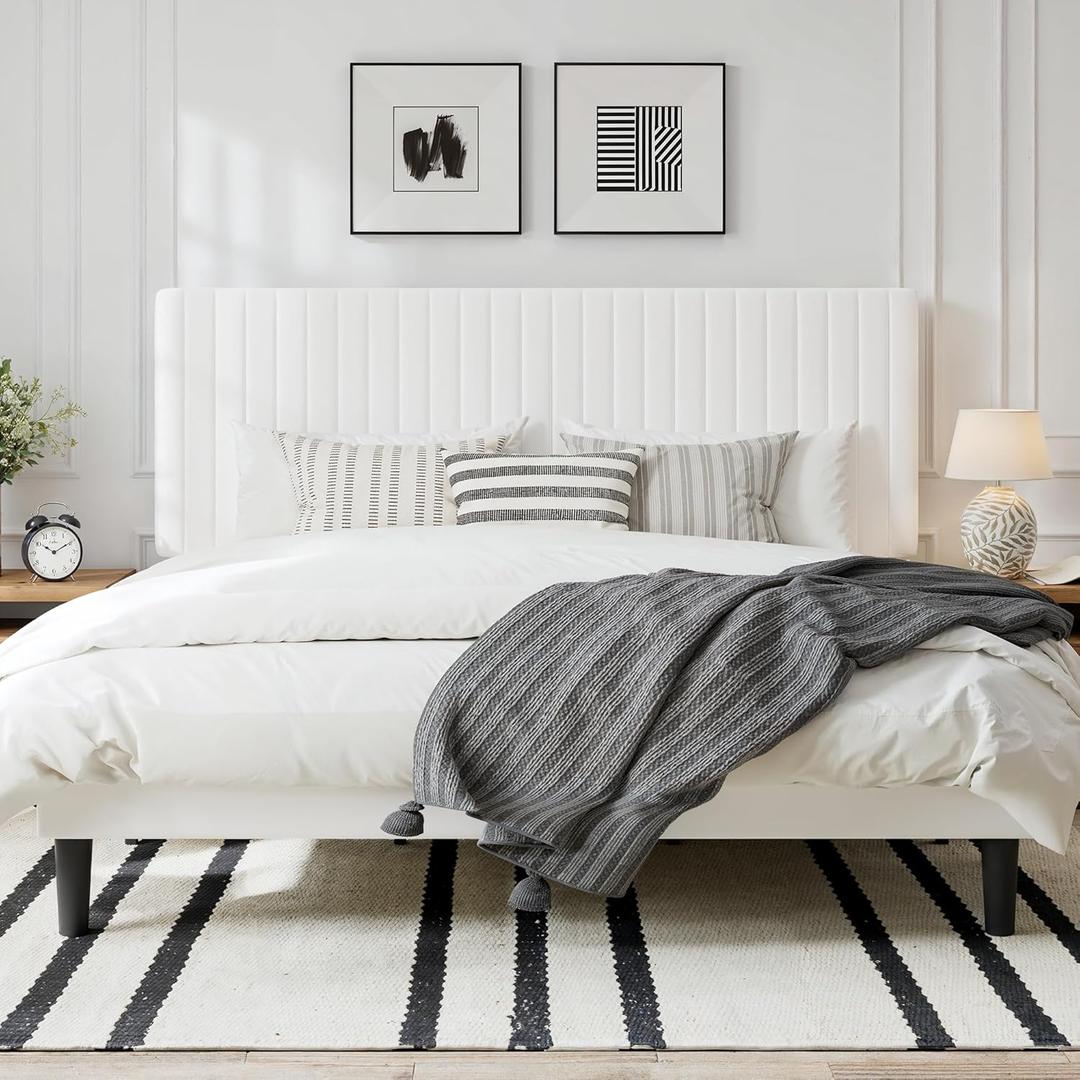 Candler Velvet Upholstered Platform Bed with Wingback Headboard and Wooden Slats