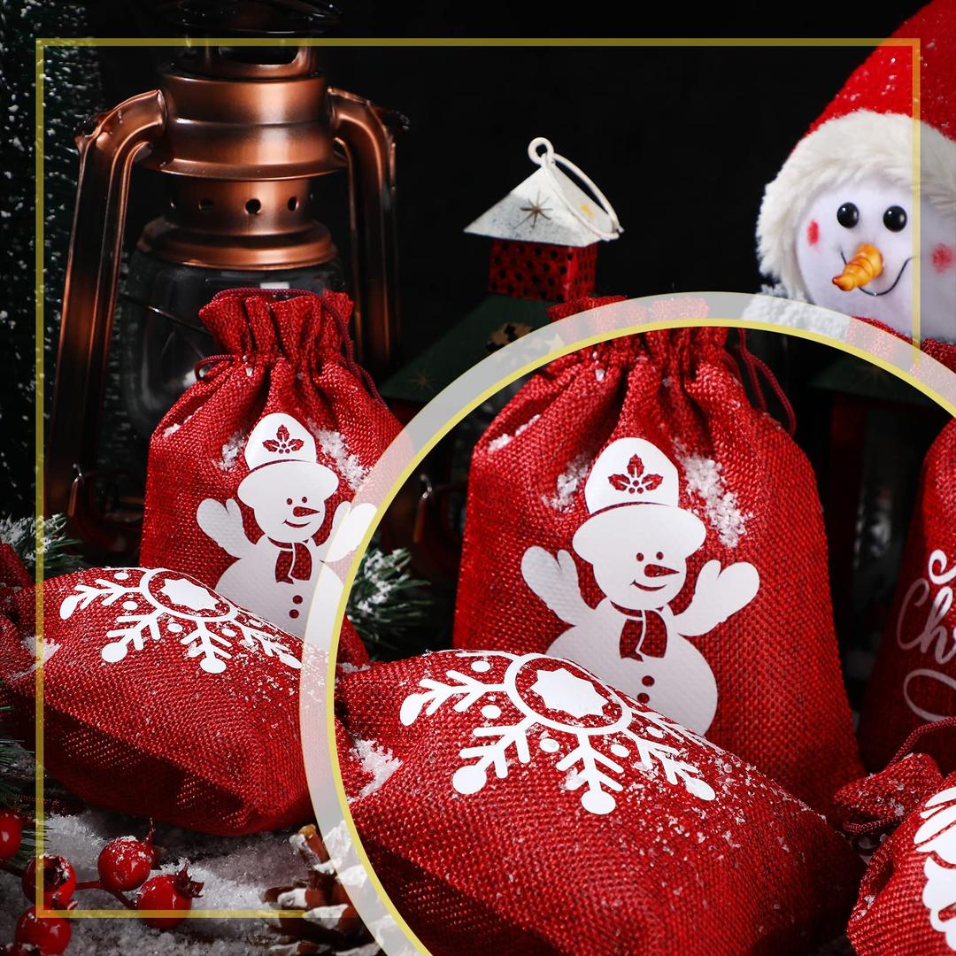 Christmas Gift Bags Bulk Xmas Treat Bags with Drawstrings, Burlap Pouches Candy Bag with Tag for Christmas Party Favor DIY Craft(Wine Red,7 x 5.1 inch)