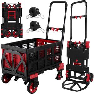 2 in 1 Hand Truck Dolly with Folding Basket,Folding Hand Truck Heavy Duty 330lbs Capacity,Foldable Hand Trcuk with Retractable Handle and Rubber Wheels,Portable Dolly with Bungee Cords for Moving