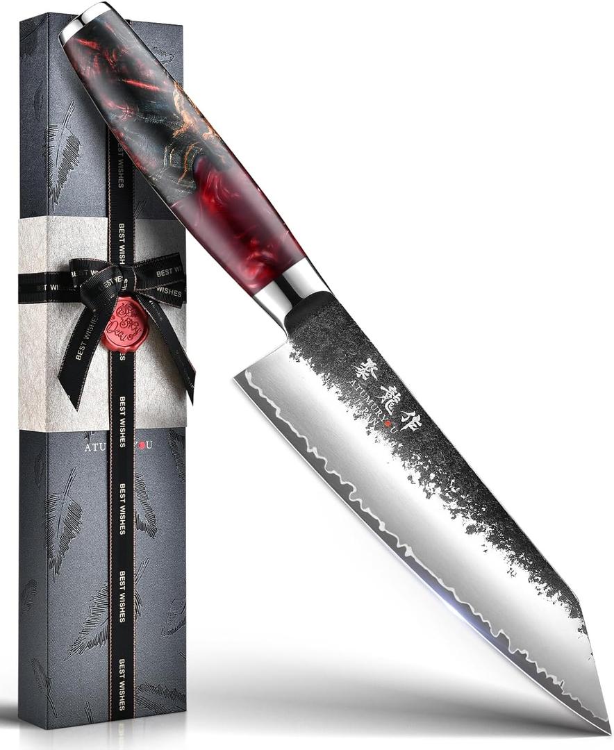 Japanese Chef Knife with VG10 Steel, 7 Inch Hand Forged Kiritsuke Knife, Sharp Kitchen Knives with 3 Layers Composite Steel, Professional Chefs Knife with Ergonomic Handle, Cooking Gifts for Men
