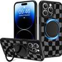 Fiyart Designed for iPhone 14 Pro Max Case Checkered Ring Holder Kickstand Magnetic Bumper Compatible with MagSafe Camera Lens Protection for Women Men Checkerboard 6.7"-Black