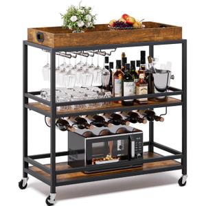 Bar Cart for The Home, Rolling Home Bar Serving Cart on Wheels with Wine Rack and Glass Holder, 3 Tier Liquor Beverage Cart for Home Bar, Brown