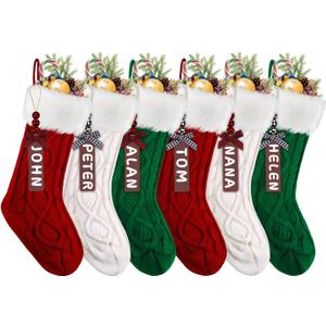 XIMISHOP 6PACK Christmas Stockings,18Inches Large Cable Knitted Stocking Personalized Xmas Hanging Stocking Decorations with Name Tags for Holiday Christmas Party Family Decor(Green Red White