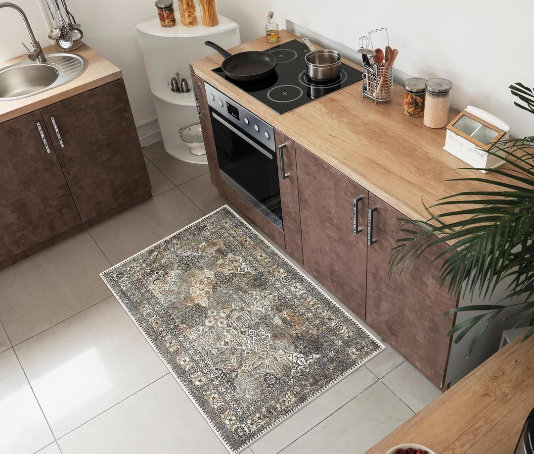 Keen Home Design 2x3 Rug - Machine Washable Entry Rug with Non-Slip Backing, Ideal for Enteryway, Kitchen, Bathroom, Laundry Room - Vintage, Easy Clean, Durable, Low Pile Rug - (2' x 3') (Anthracite Grey / Copper Tone)