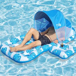 Inflatable Pool Float with UPF 50+ Sunshade Canopy,Extra Large Pool Lounger Float for Adult with Headrest,Cup Holder