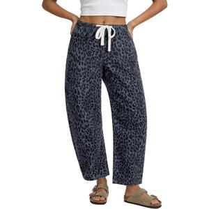 GRAPENT Barrel Jeans for Women Trendy High Waisted Pull On Wide Leg Cropped Leopard Cheetah Print Stretchy Denim Pants (XX-Large)