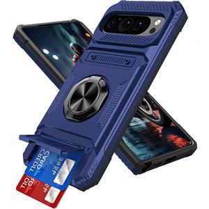 for Google Pixel 9 / Pixel 9 Pro Case with Card Holder 360° Magnetic Rotated Ring Kickstand Dual Layer Shockproof Hidden Card Slot Protective Phone Cover for Google Pixel 9, Blue RJ