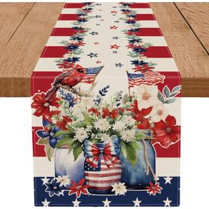4th of July Table Runner Cardinal Flowers Flag Stripe Memorial Day Independence Day Patriotic Table Decoration Home Kitchen Party Supply 13x72 Inch