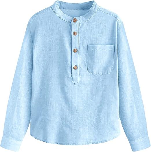 Inorin Boys Linen Shirt Button Up Henley Long Sleeve Dress Shirts Cotton Lightweight Tees Tops with One Pocket (7-8 Years, Sky Blue)
