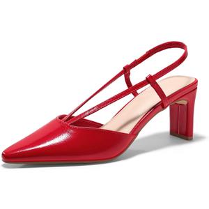 Coutgo Womens Low Chunky Heels Slingback Pumps Closed Pointed Toe V-Strap Slip On Wedding Party Dress Shoes (10, Red)