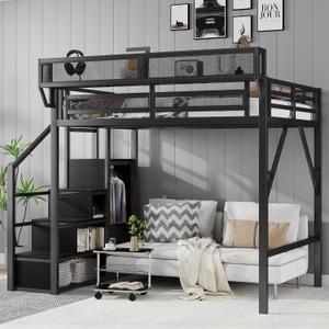 Full Size Metal Loft Bed Frame with Convertible Staircase, Built-in Storage Shelves and Wardrobe, Loft Bed with Solid Slats, Guardrail, No Box Spring Required, Easy Assembly, for Bedroom, Black