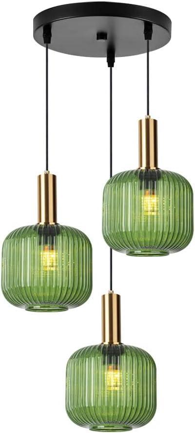 3-Light Glass Globe Pendant Light Kitchen Island Green Chandelier Mid Century Modern Ceiling Hanging Light Fixture Gold Chandelier for Dining Room Over Sink Living Room
