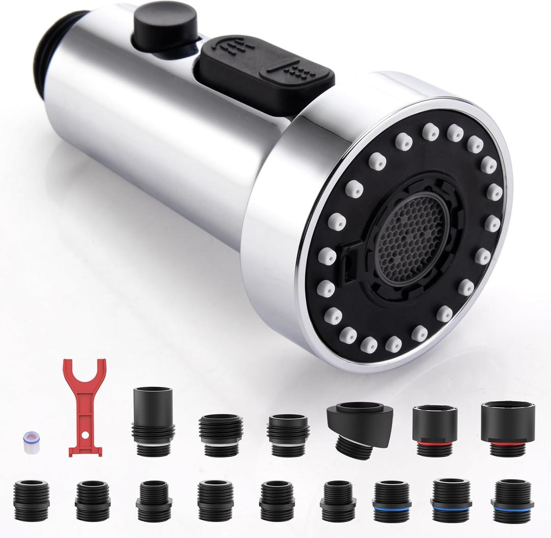 J-HVA Pull Down Kitchen Faucet Sprayer Head Replacement Part with 15 Connectors, 3 Function Pull Out Sink Sprayer Replacement Nozzle, Kitchen Faucet Head Hose Spray Tap Spout, Chrome