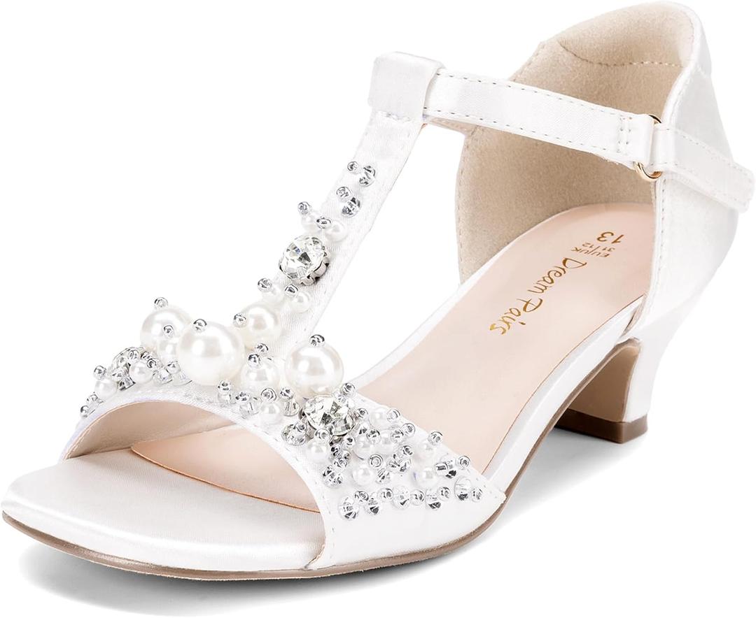 DREAM PAIRS Girls Sandals Ankle Strap T-Strap Low Heel Pearl Bow Flower Pump Dress Wedding Party Shoes for Little Kid/Big Kid (Ivory) DREAM PAIRS Girls Sandals Ankle Strap T-Strap Low Heel Pearl Bow Flower Pump Dress Wedding Party Shoes for Little Kid/Big Kid (Ivory)