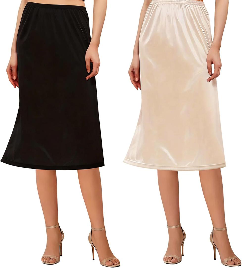 Girstunm 2 Pcs Women's Half Slips for Under Dresses Satin Skirt Extenders Anti-Static Petticoat Cosplay Underskirt (24'' Black+champagne)