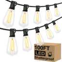 Brightever LED Outdoor String Lights 100FT Patio Lights with 52 Shatterproof ST38 Vintage Edison Bulbs, Outside Hanging Light Waterproof for Porch, Deck, Garden, Backyard, Balcony, Dimmable 2700K (100FT-Warm White, Black Wire)