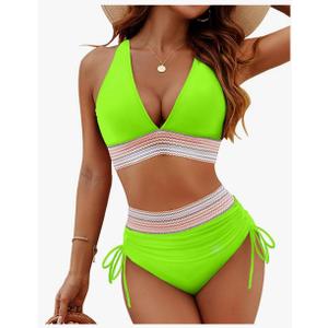 Blooming Jelly Women High Waisted Bikini Sets Tummy Control Swimsuits Color Block Two Piece Drawstring Bathing Suit, L