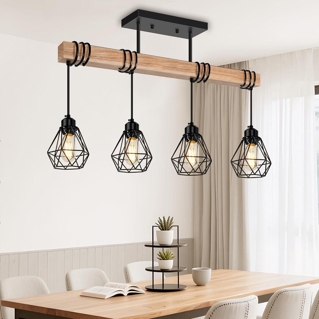 4-Lights Farmhouse Wood Kitchen Island Lighting, 23.6'' Dining Room Light Fixtures Chandelier Over Table, Rustic Black Cage Pendant Lights Ceiling Hanging for Pool Table, Living Room, Hallway