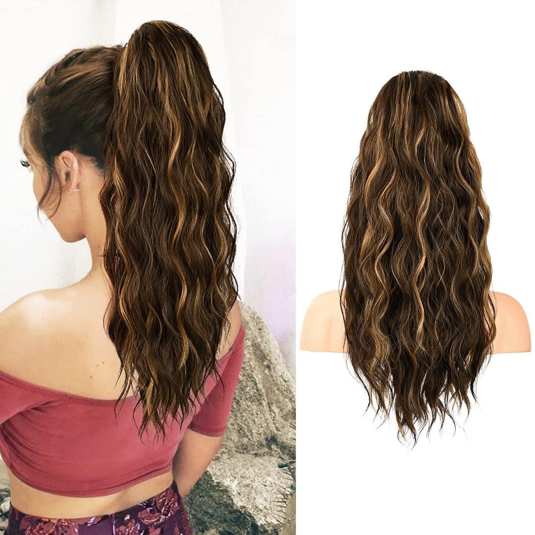 FLUFYMOOZ Ponytail Extension, 22 Inch Drawstring Ponytail Hair Extensions for Women Long Curly Wavy Ponytail Natural Wavy Synthetic Hairpiece for Women(22 Inch Brown with Blonde Highlights)
