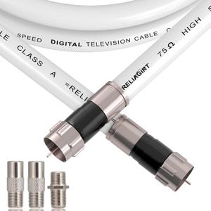 50ft White RG6 Coaxial Cable with F Connector, F81 Female Extension Adapter, Low Loss High-Speed Coax Cable Cord Extender for HD TV, Dish, Satellite, Antenna 50'