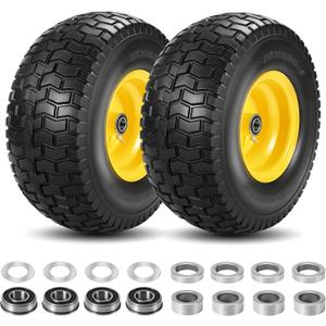 2 Pcs 15x6.00-6 Flat Free Lawn Mower Tire and Wheel, 15x6-6 Front Tire, with 3/4" Bearing (extra 5/8" Bearings), 3-4.4" Centered Hub, Fits Riding Mower & Lawn Tractors, 500 lbs
