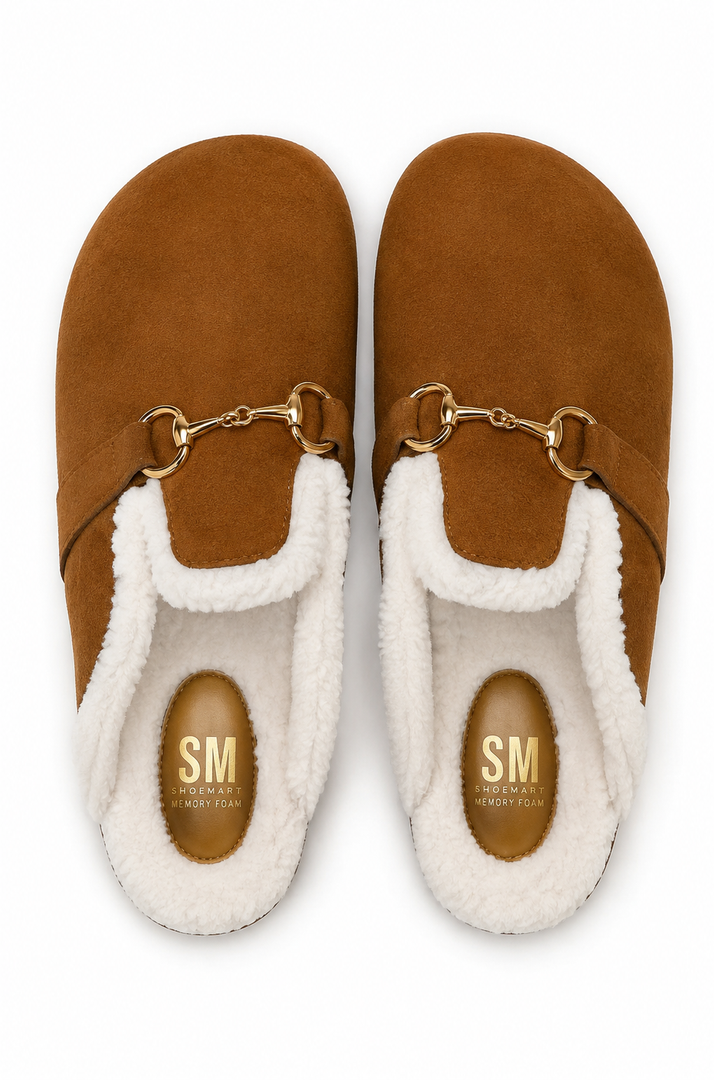 SM New York Women’s Plush Lined Suede Mule Slippers with Gold-Tone Horsebit Detail, Size 9