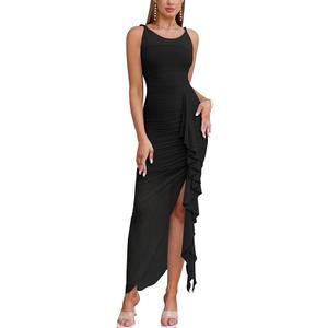 EYNMIN Women's Ruched Bodycon Midi Dresses Twist Strap Crew Neck Mesh Ruffle Split Cocktail Party Dress Black, L