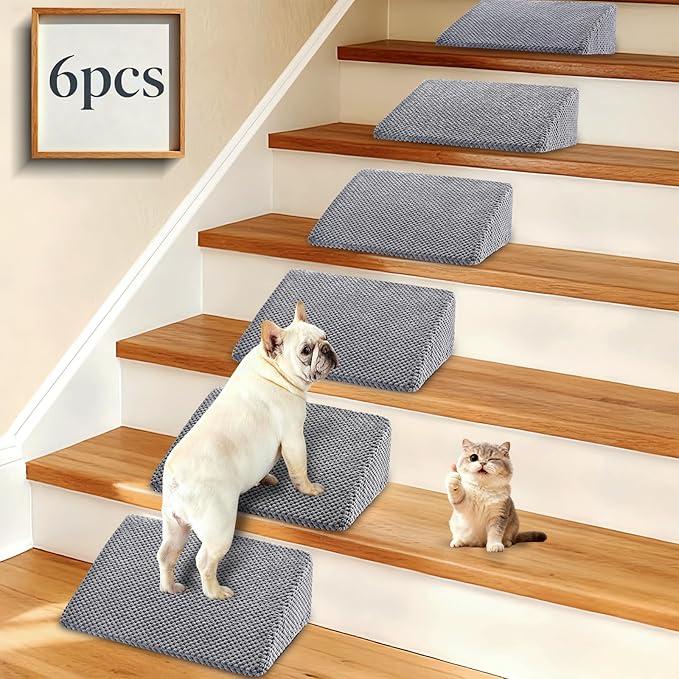 Dog Ramp for Stairs with AntiSlip Bump for Small & Senior Dogs and Cats – Stair Wedges for Dogs with Gentle Slope, Pet Ramp with Washable Cover & SelfSticky Pads for Safe Climbing (Gray, 6 Pack)