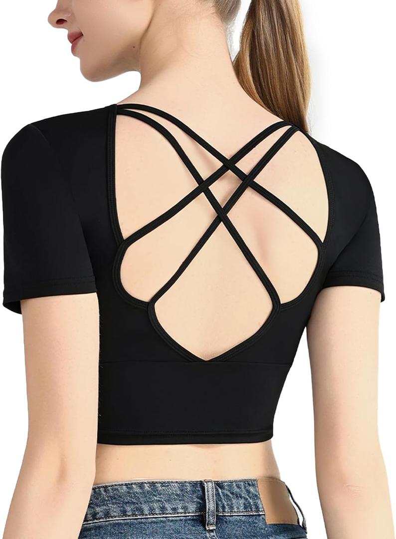 Ama Larsi Crisscross Back Workout Crop Tops for Women Short Sleeve Yoga Slim Fit Athletic Shirts with Built in Bra (Medium, Black)