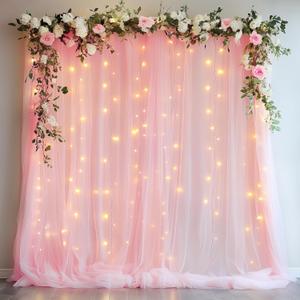 Xiomot Tulle Backdrop Curtain with Lights String 10FT X 8FT Pink Sheer Tulle Backdrop Curtains for Wedding Birthday Party Reception Photo Booth Background Decorations (2 Panels 5x8FT)