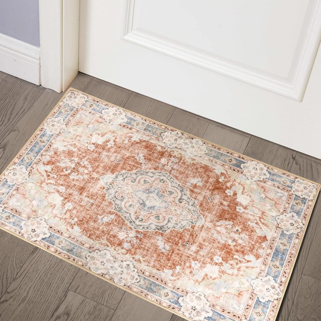 MUJOO 2'x3' Rugs Machine Washable Area Rugs for Entryway Boho Rug for Bathroom Kitchen Non Slip Carpet Abstract Soft Low-Pile Orange Navy Blue Area Rug Floral