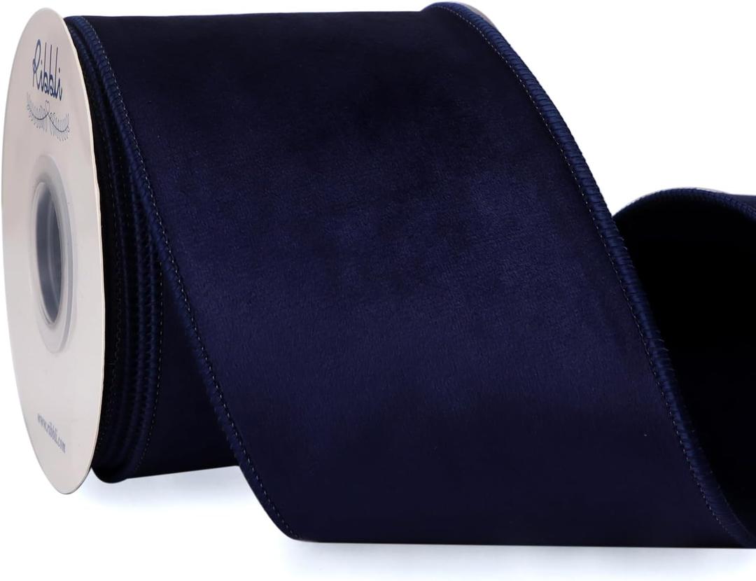 Ribbli Navy Velvet Wired Ribbon with Dupioni 4 Inch Christmas Ribbon for Gift Wrapping Christmas Tree Decoration Crafts Wreaths Supplies-Continuous 10 Yards