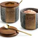 YHOJOY Salt and Pepper Bowl Ceramic, 10 Oz Salt Containers for Countertop Salt Cellar with Wooden Lid and Spoons, Salt and Pepper Set Marble Design, Gray