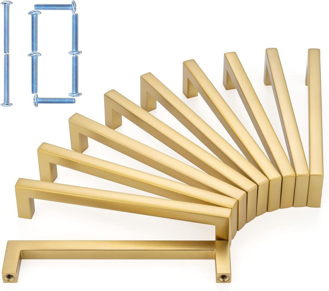 KOOFIZO Solid Square Brushed Gold Kitchen Cabinet Handles Gold Cabinet Pulls, 10 Pack 5 Inch Gold Hardware for Kitchen Cabinets Drawers Dresser Cupboard Bedroom Bathroom