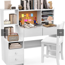 Wooden White Kids Study Desk and Chair Set, 4 Drawers and Storage Cabinets, Children Desk with Hutch and Shelves, Girls Study Desk for Kids Bedroom