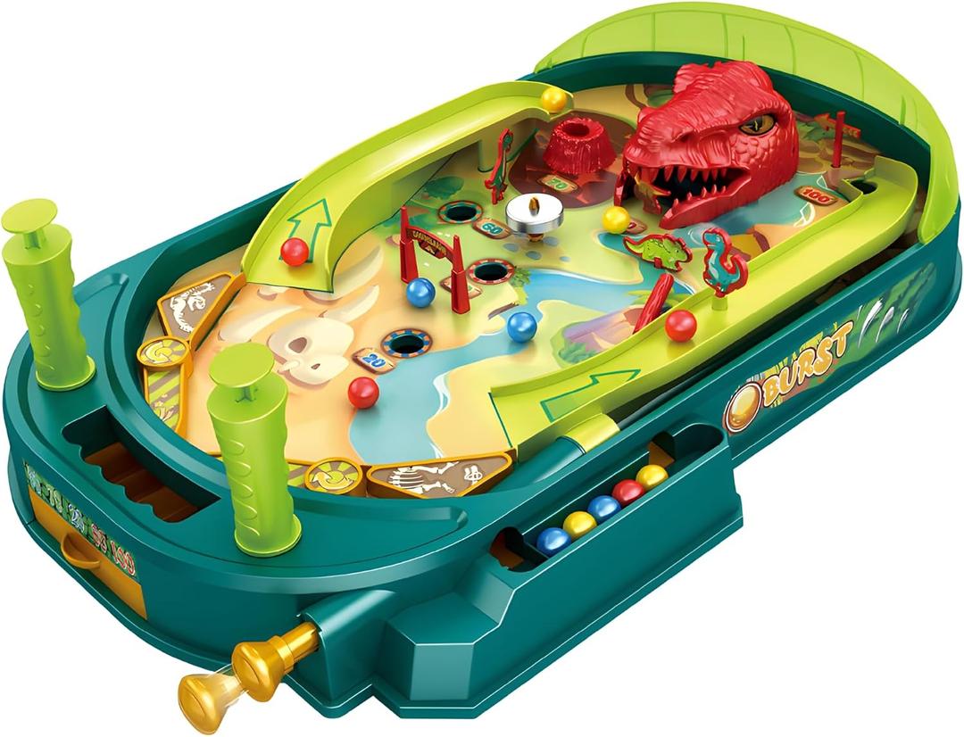 Dino Pinball Machine Tabletop Arcade Game with Obstacles, Pull-Rod Launcher, Flippers, Dinosaur Targets & Scoring Zones, 1-2 Player Mini Pinball for Kids Ages 3+