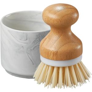 ONEMORE Bamboo Dish Brush with Ceramic Foaming Base, Kitchen Sink Scrub Brush Set with Spring and Mesh Insert, Wooden Handle Dishwashing Brush for Pots Pans Plates Bowls, Marble