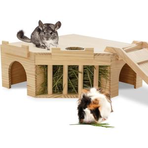 Fhiny Guinea Pig Wooden Castle with Hay Holder, Ventilated Chinchilla Hideout with Feeding Bowl Ladder, Small Animal Multi Chamber Hideaway for Young Guinea Pigs Chinchillas Hedgehogs