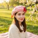 VALICLUD Women Bow Beret Wool Hat Warm Breathable Fashionable Decorative Sweet Bowknot Berets for Outdoor Parties and Casual Wear (Pink)