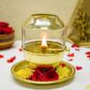 Pure Brass Akhand Jyot Diya with Glass Cover and Attached Plate  48-Hour Long Burning Oil Lamp for Puja, Aarti, Temple, Meditation  250ml Capacity, Adjustable Wick, Gold Finish Mandir Decor - Medium