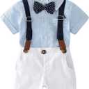 Baby Boys Short Sleeve Gentleman Outfits Suits Shirt Suspender Shorts with Bowtie Infant Clothing Set 3-6M, Light Blue + White