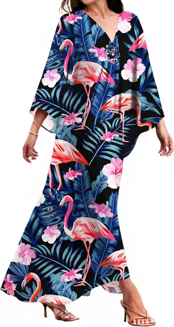 MAKABO Kaftan for Women Dress V Neck Short Sleeve Beach Vacation Bikini Swimsuit Cover Ups Loungewear for Summer (Pink Flamingo)